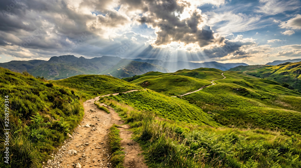 Naklejka premium A scenic hiking trail winding through lush green hills under a dramatic cloudy sky with sunbeams.