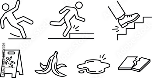 Slip trip fall hazard icon set featuring wet floor sign banana peel stairs stumble linear outline vector design
