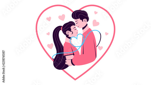 Romantic couple embracing and kissing inside a heart outline
