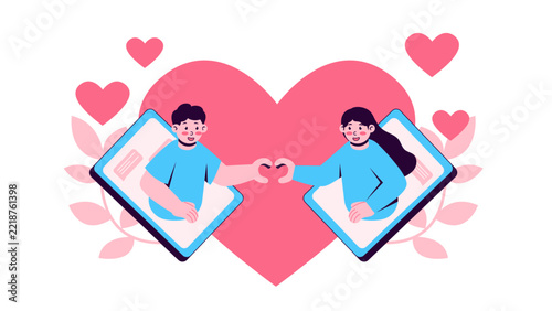 Long distance couple on video call connecting through hearts