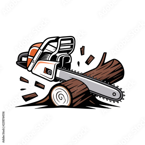 A bold cartoon illustration of an orange-and-white gas-powered chainsaw actively cutting through a thick brown log