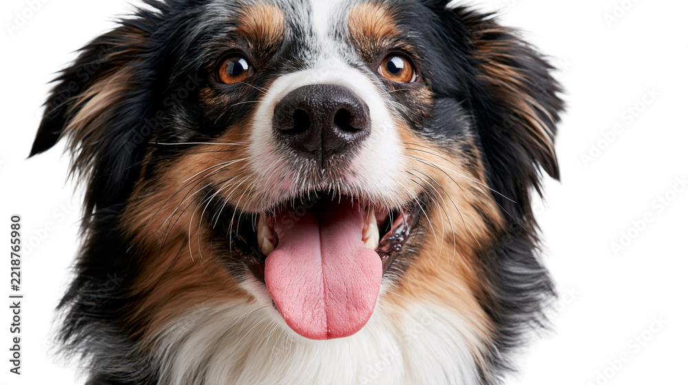 Obraz premium Close up portrait of a happy tricolor Australian Shepherd dog with open mouth