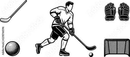 Broomball Player Equipment Vector Set