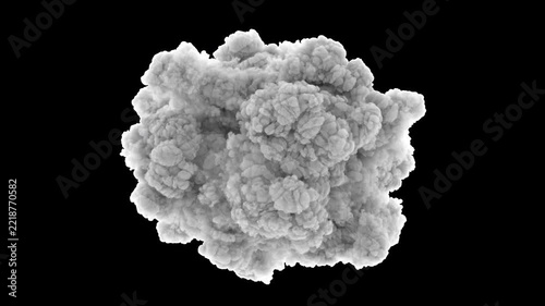 Realistic 3D smoke cloud animation with detailed volumetric particles and soft billowing forms, isolated on transparency with an alpha channel for compositing and visual effects.