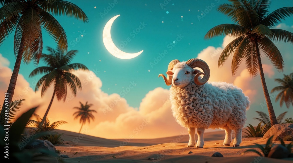 Fototapeta premium White ram stands on desert dunes under crescent moon. Tropical palm trees, soft clouds surround sheep in night sky. Eid al-Adha celebration concept with holy sheep, peaceful Islamic holiday
