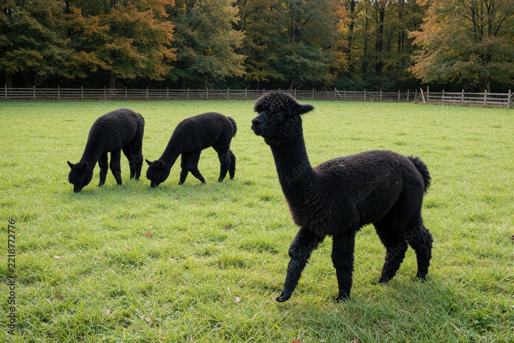 Fototapeta premium Three black alpacas graze in green grass field. Cute fluffy mammals stand in large rural pasture. One curious alpaca looks at camera in farm meadow near forest trees. Domesticated animals live in