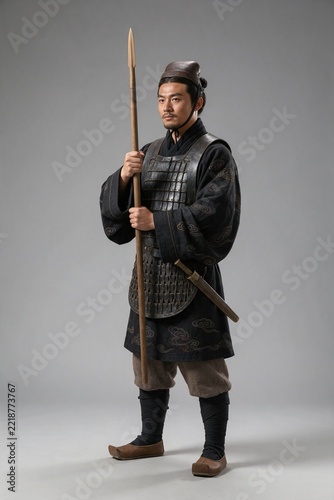 Chinese Qin Dynasty Warrior in Martial Headcloth with Spear