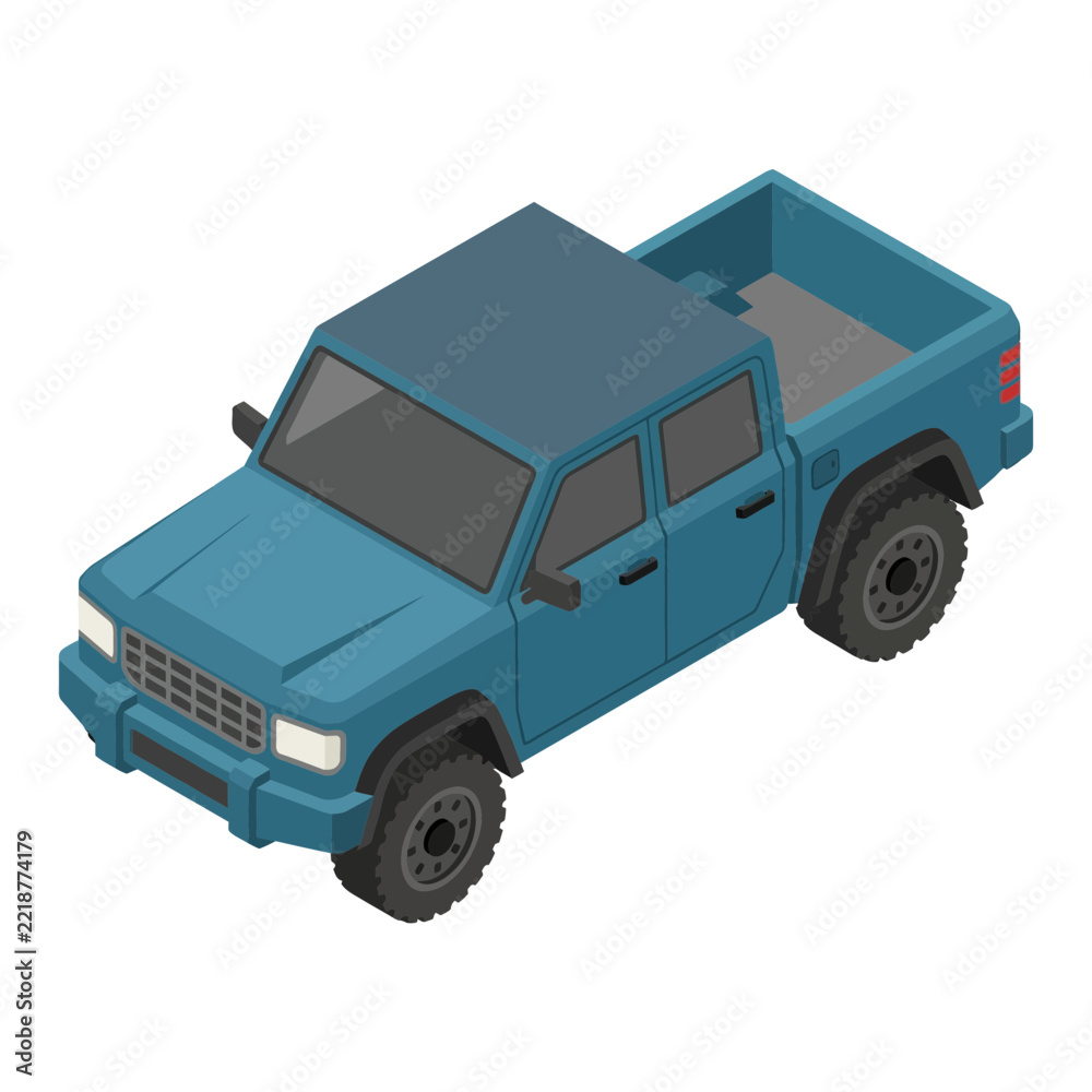 Obraz premium Blue pickup truck isolated on transparent background isometric view 3D render
