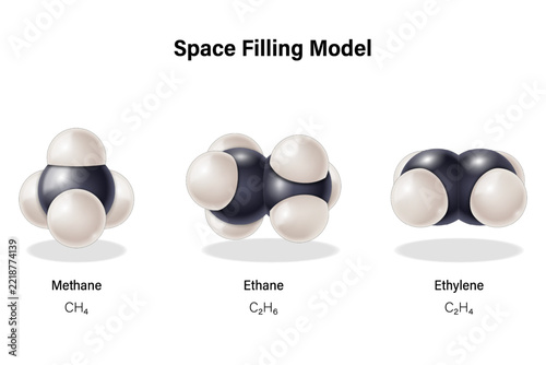 Space Filling model. Organic molecules. Formation of bonds with carbon.
