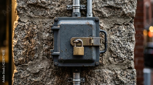 A close up view of a weathered grey metal fuse box mounted securely on a rough granite stone wall, locked tightly with a shiny brass padlock and metal hasp hardware in daylight