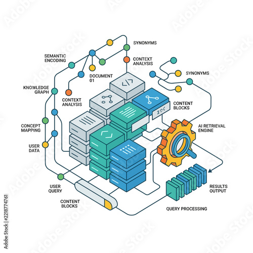 AI data processing diagram knowledge graph content blocks user query and results output