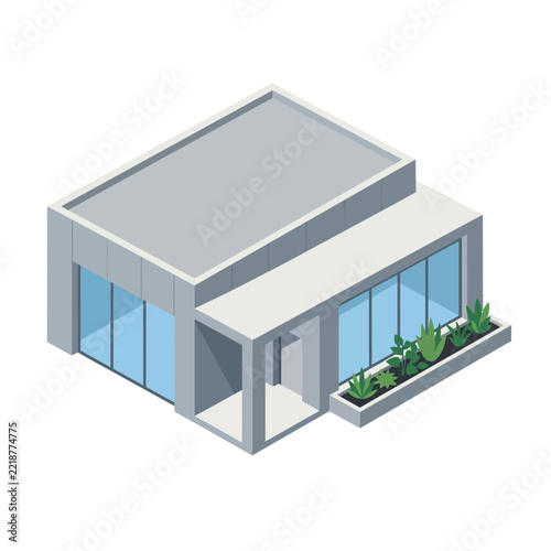 Modern Isometric Office Building with Glass Windows and Green Plants Isolated