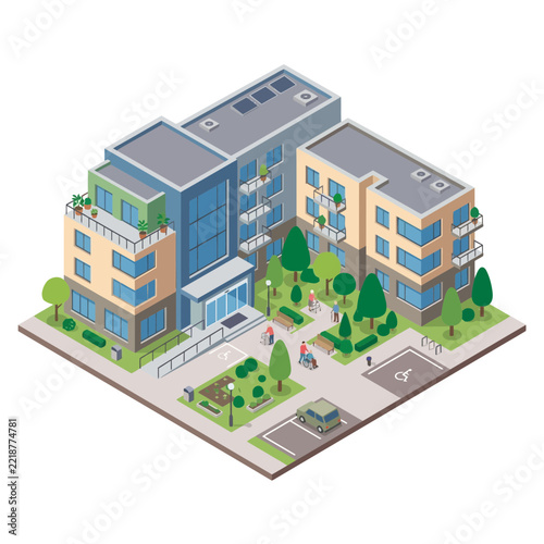 Isometric Apartment Building Complex with Greenery Accessibility Features and Residents