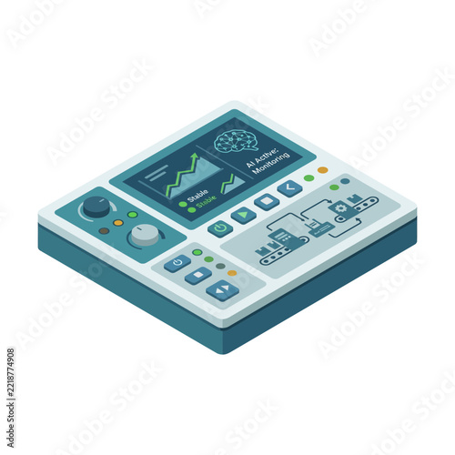 Isometric Control Panel with AI Brain Monitoring and Conveyor Belt Automation