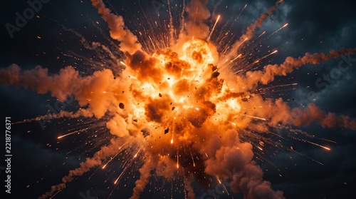 Dramatic Explosion with Fiery Debris and Smoke.