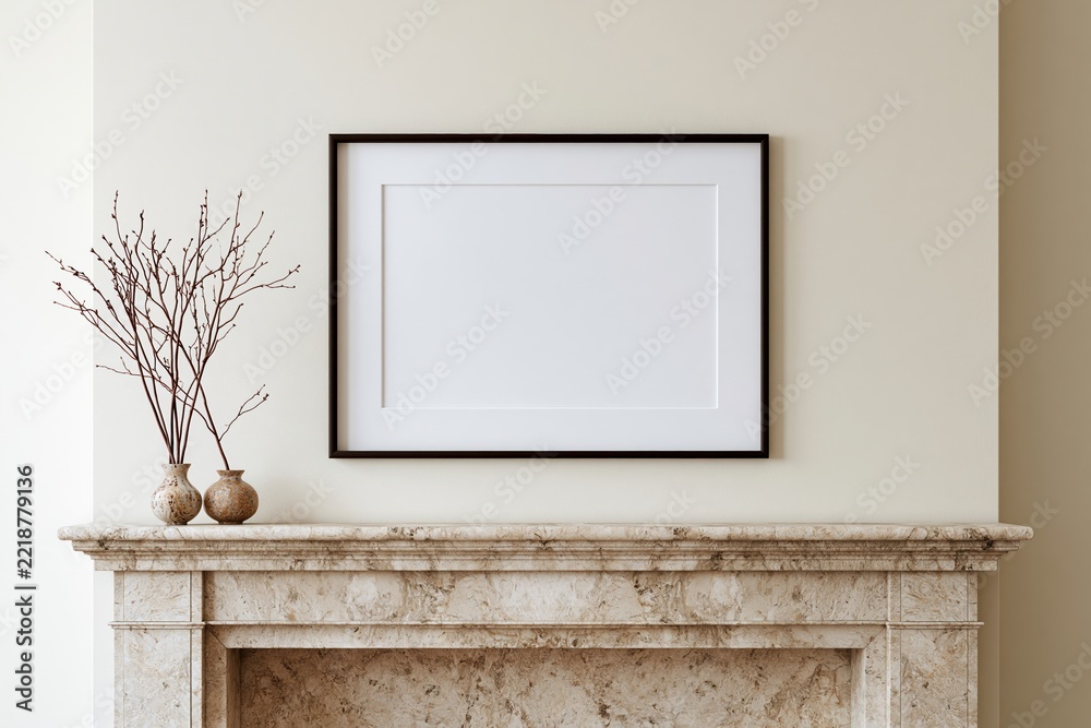Fototapeta premium The Blank Frame Above the Marble Mantel Defines Minimalist Interior Style