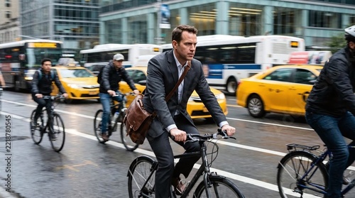 Urban Commute: A businessman in a sharp suit navigates a bustling city street on his bicycle, blending with the morning traffic of yellow cabs and buses.