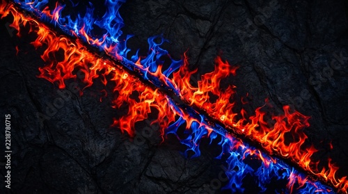 Fiery volcanic eruption with blue and red flames in darkness.