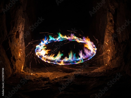 Fiery Ring of Rainbow Colors Illuminates Dark Cave Entrance.