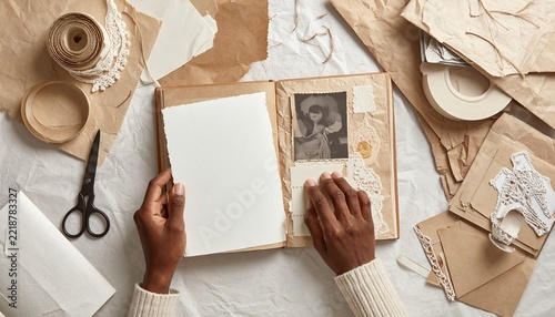 Hands Creating Scrapbook with Photos and Paper Collage