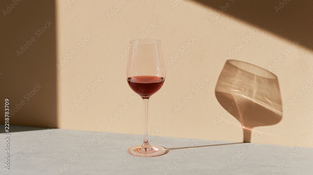 Fototapeta premium A stemmed wine glass half-filled with red wine on a table casting a shadow against a beige wall