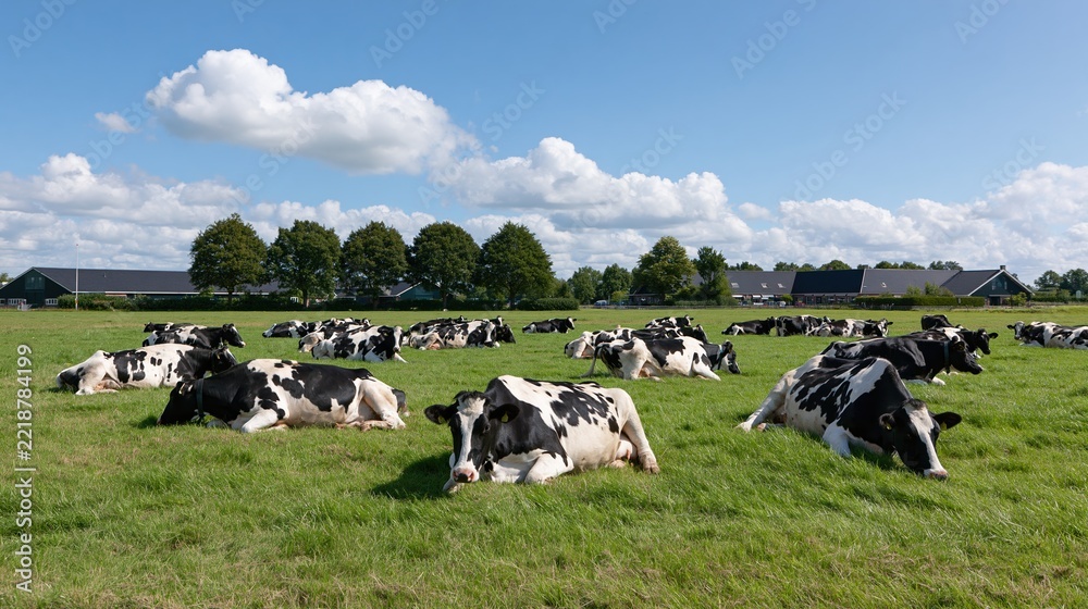 Fototapeta premium The Cows Resting in a Lush Green Pasture Under a Bright Blue Sky