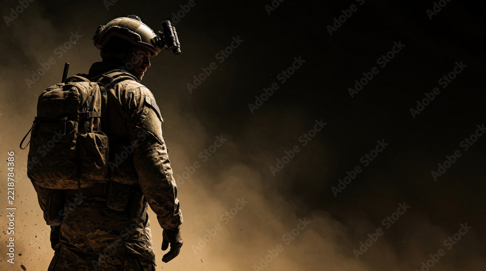 Fototapeta premium Soldier in combat gear stands in desert dust. Military man wearing helmet with night vision device carries heavy backpack. Silhouette of warrior in war zone against dark background. Army troops