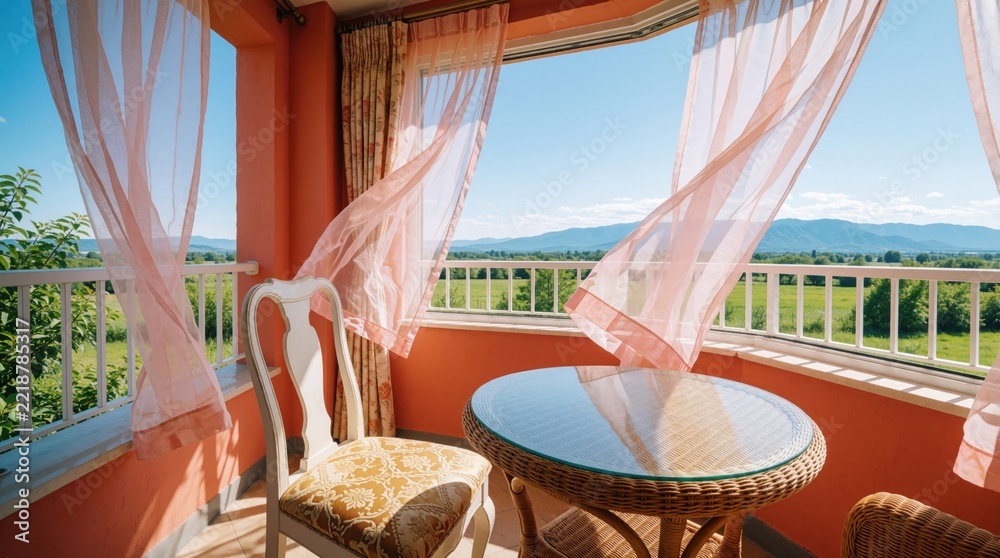 Fototapeta premium Cozy balcony view from open window with pink curtains fluttering in wind. Wicker furniture set with round glass table, white chair on terrace. Summer vacation scene at villa hotel with green