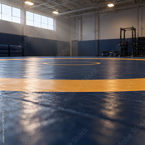 Low view across an empty sunlit wrestling training floor