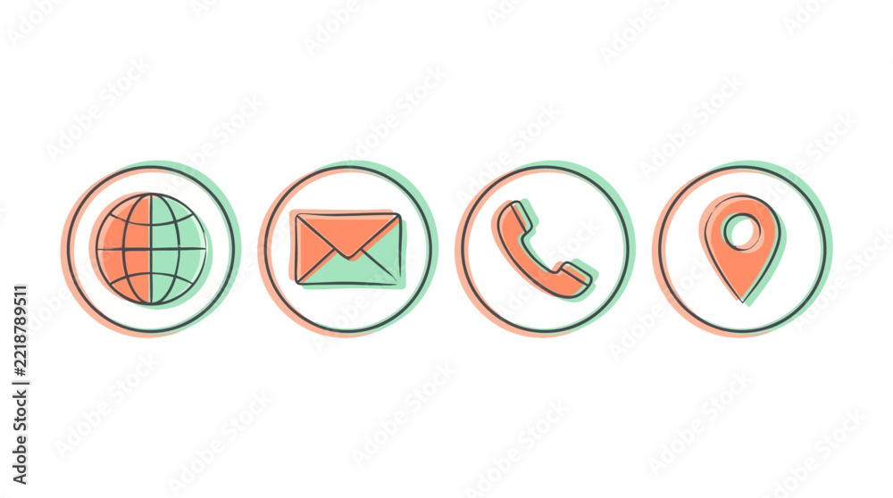 Fototapeta premium A set of four minimalist line art icons representing global communication, email, phone contact, and physical location, rendered in a modern, clean style with subtle color accents.