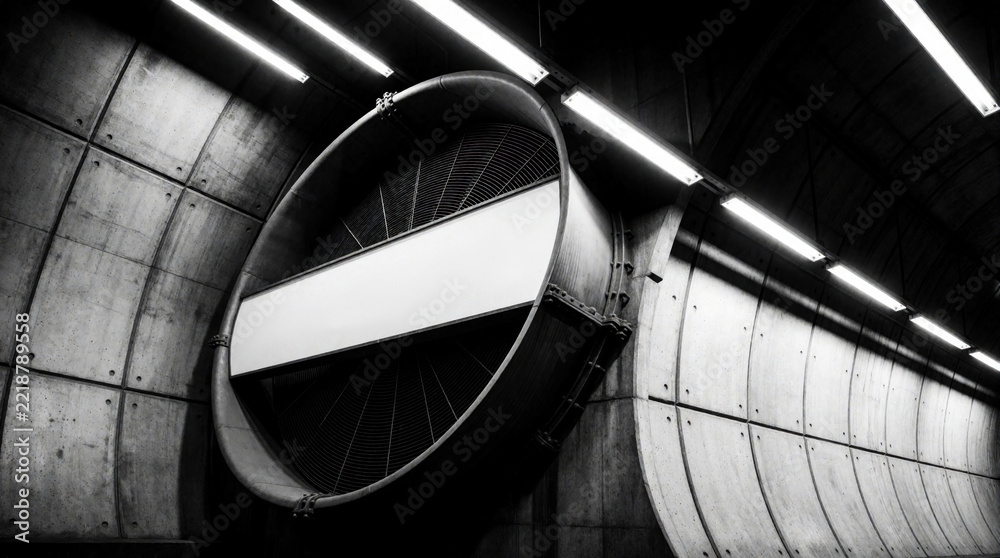 Fototapeta premium Large industrial ventilation fan in tunnel. Massive circular air extractor works inside concrete infrastructure. Monochrome engineering machinery provides airflow in underground subway road tunnel.