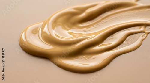 Closeup of a smooth, liquid beige cosmetic foundation smear on a neutral background