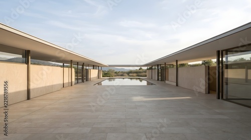 Modern minimalist architectural courtyard with a central infinity pool and stone flooring
