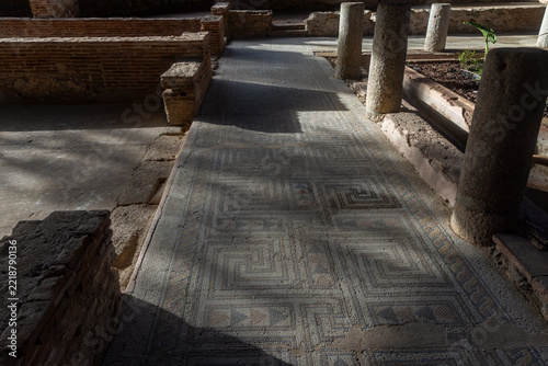 Ancient Roman geometric mosaic floor at the House of the Amphitheatre in Merida.