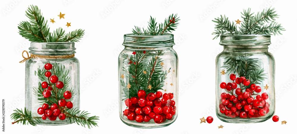 Fototapeta premium Mason jars filled with pine branches, red berries, and golden stars, creating festive christmas decorations in a charming watercolor style, ideal for holiday themes