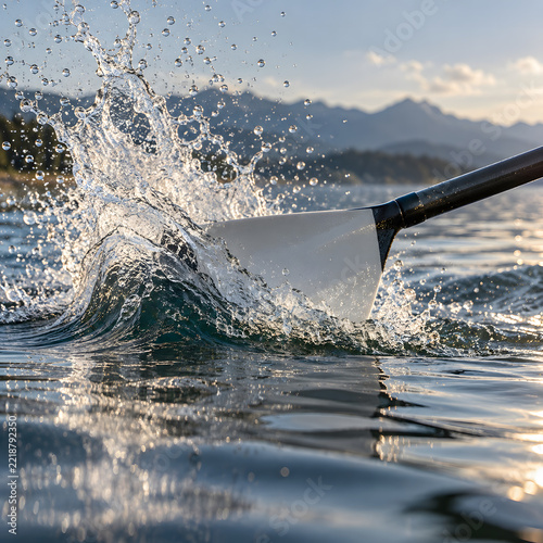White rowing blade entering a mountain lake with a splash