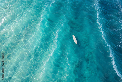 Solitary white surfboard in clear turquoise sea from above