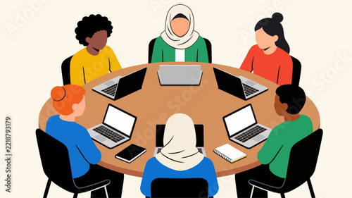 Diverse group of professional people sitting at a round table collaborating with laptops in a modern office flat vector illustration style