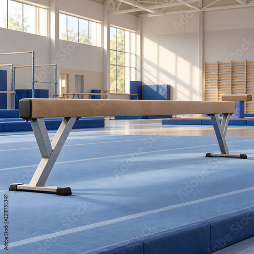 Balance beam on blue mats in a bright gymnastics room