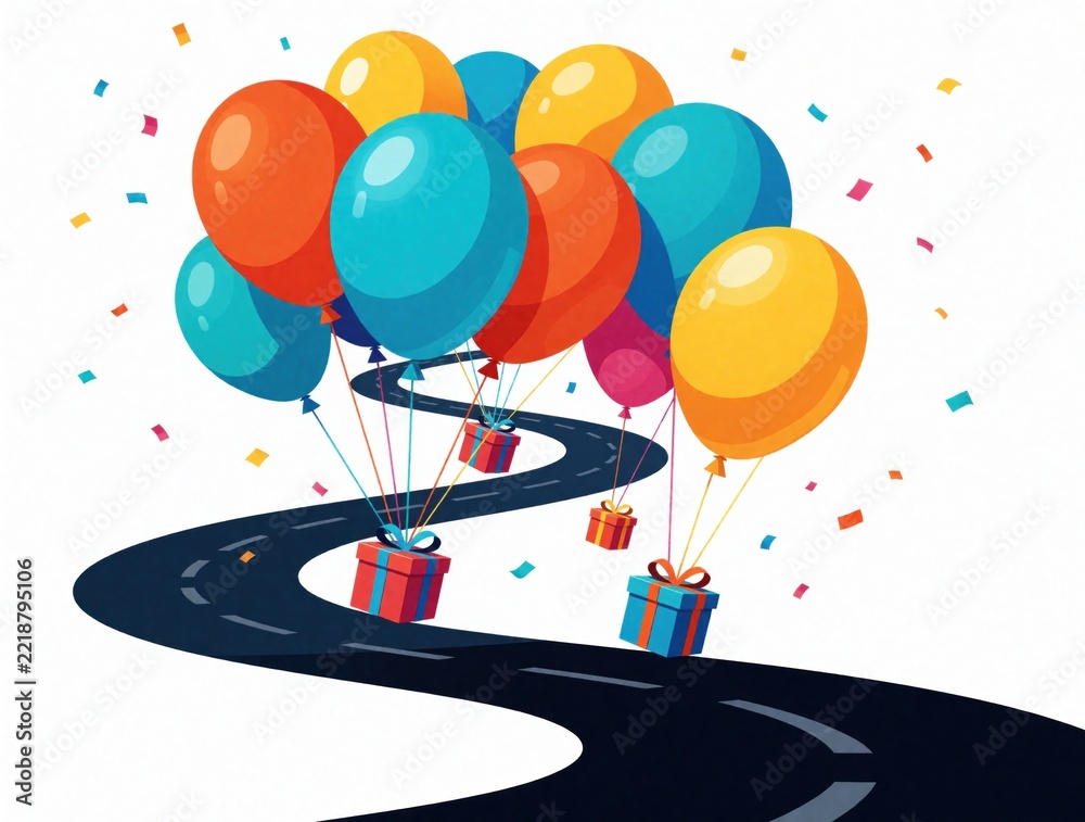 Fototapeta premium Colorful balloons fly above winding asphalt road. Bright gifts with ribbons float along highway path. Festive celebration concept with many party balloons, confetti, present boxes on journey. Joyful