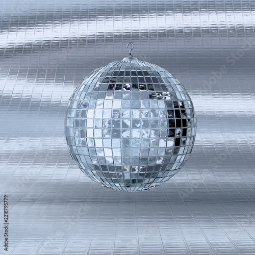 Silver Disco Ball Hanging on Metallic Foil Background 3D Render