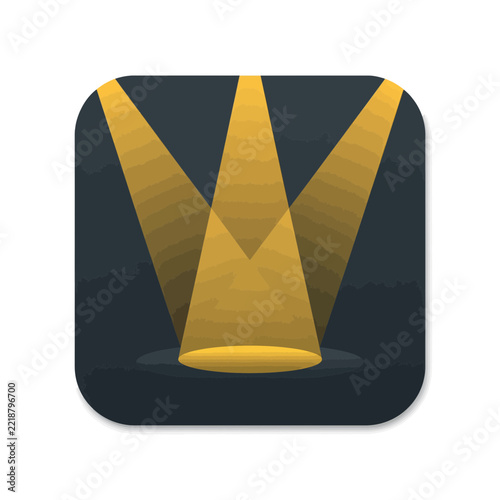 Three yellow stage spotlights shining down on a dark background in a square icon design isolated on transparent background, Vector