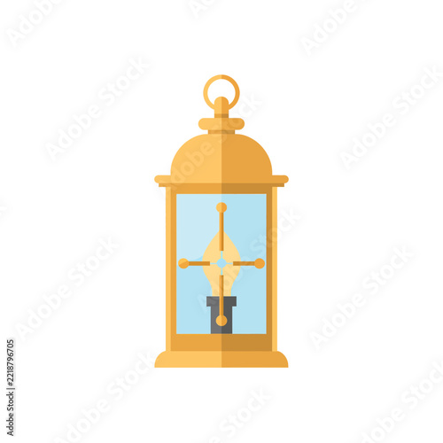 Flat vector icon of a classic vintage gold lantern with a glowing light bulb inside for decoration and illumination design elements isolated on transparent background, Vector