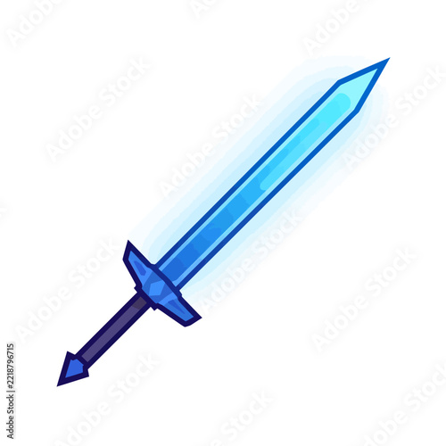 Glowing blue magic sword icon for fantasy video games and role playing adventure design isolated on transparent background, Vector