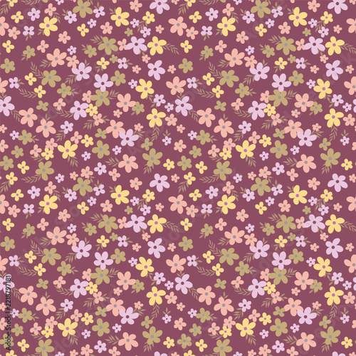 Deep burgundy plum ditsy floral seamless pattern with pastel flowers