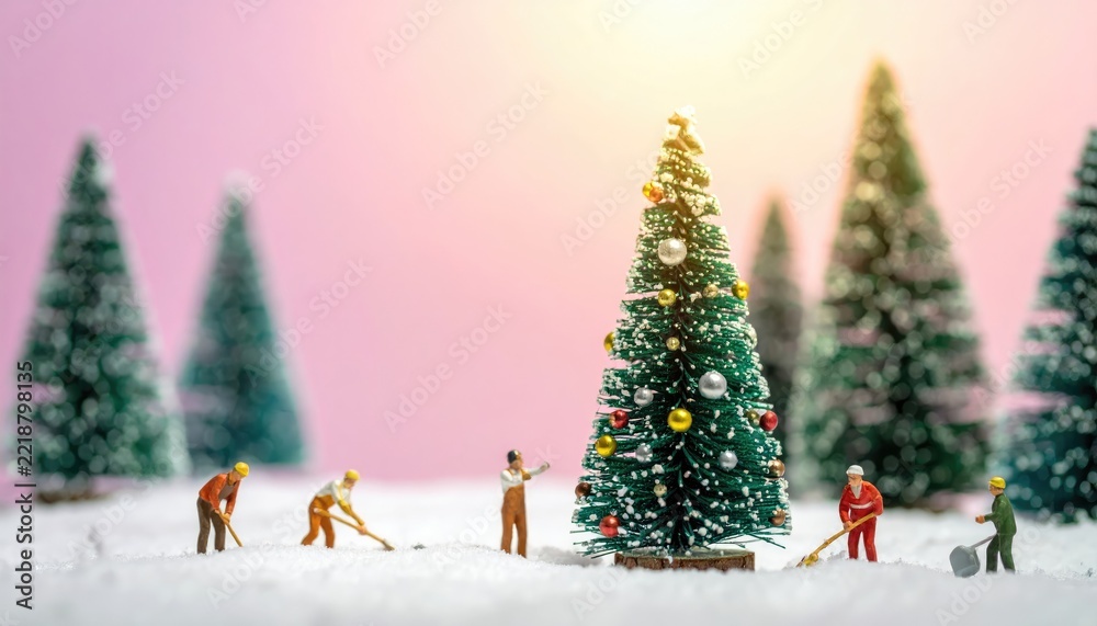 Fototapeta premium Miniature workers decorating christmas tree 
