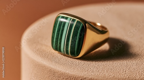 Gold Ring with Malachite Gemstone: A luxurious gold signet ring featuring a polished malachite stone with its characteristic green banding, presented on a textured surface.