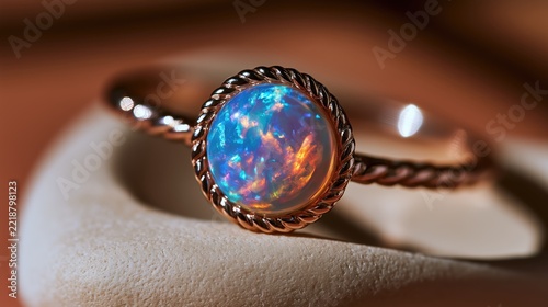 Enchanting Opal Ring: A close-up shot of a delicate rose gold ring adorned with a mesmerizing opal gemstone, displaying a vibrant play of blue, pink, and orange hues.