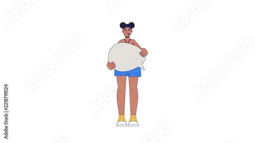 Surprised black woman holding blank speech bubble 2D character animation. Unexpected information. Startling opinion. Shocked female animated person cartoon 4K video on transparent background