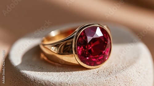 A Fiery Gem: A magnificent ruby gemstone, radiating with intense red hues, is expertly set in a lustrous gold ring, presented on a textured surface that highlights its brilliance.